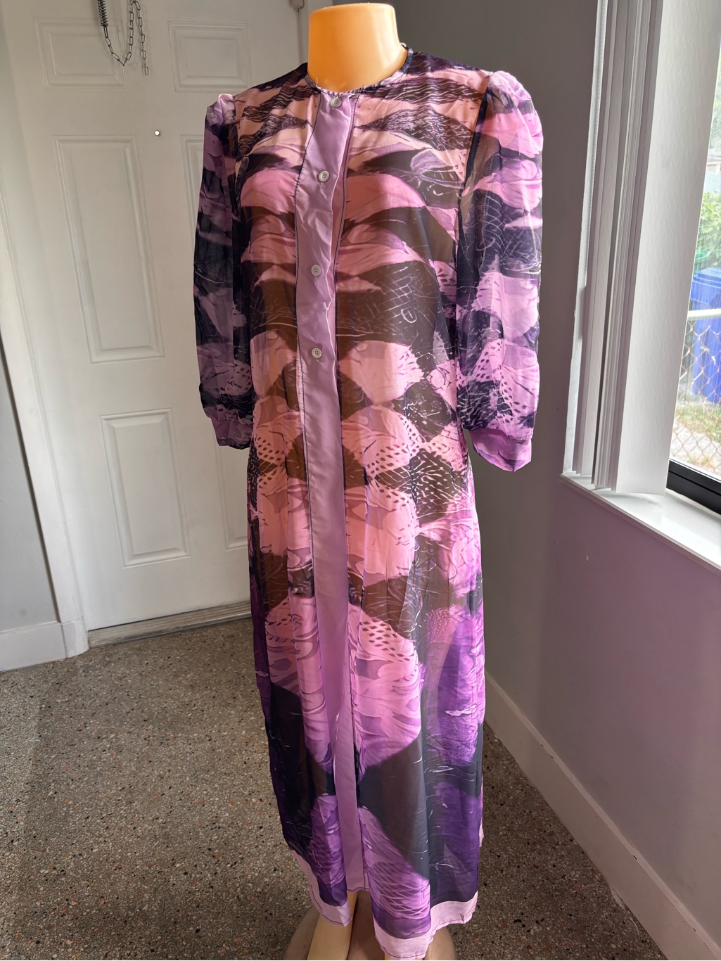 Shein Sheer WavePrint Long Robe In Pink Purple
